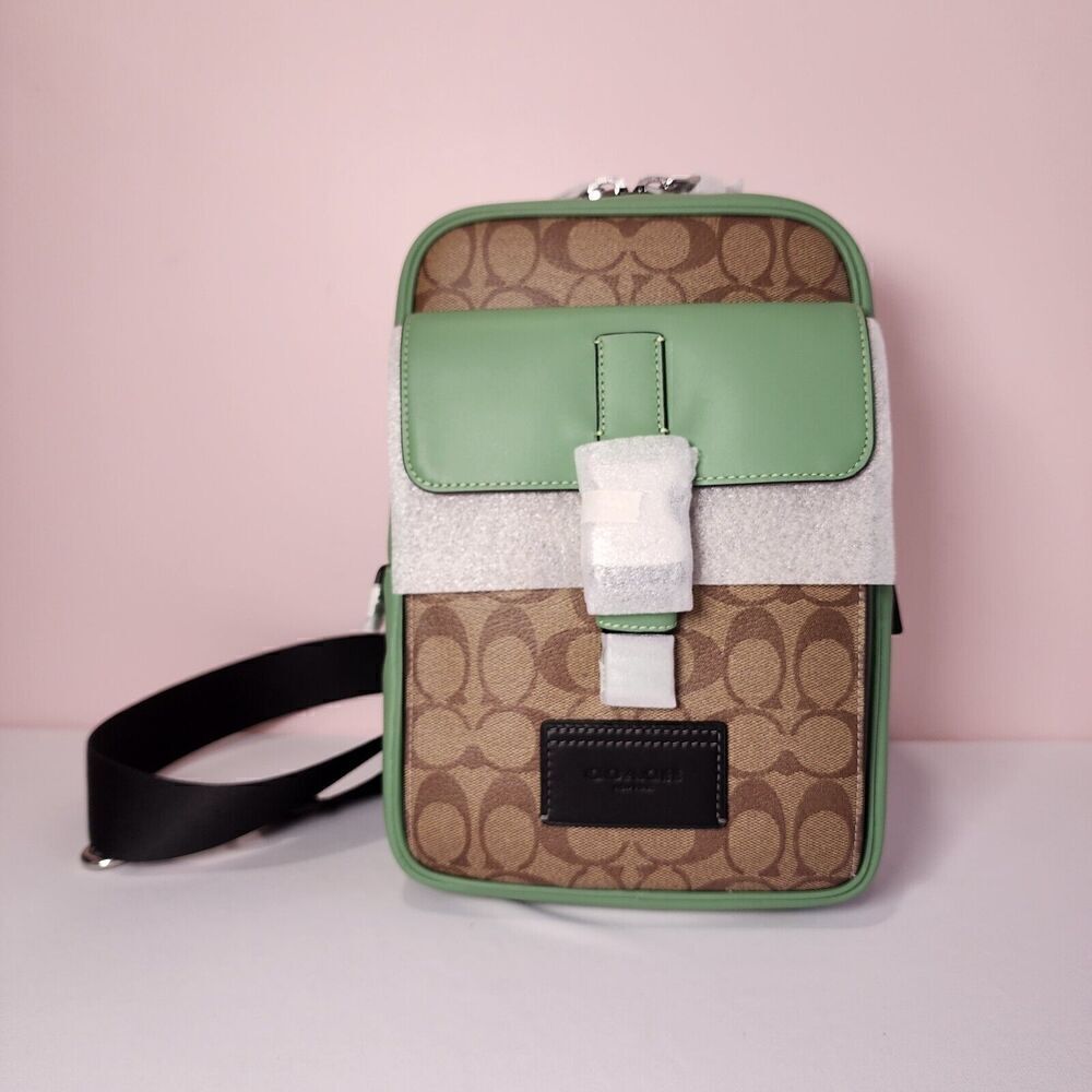 NWT Coach CR268 Track Pack In Colorblock Signature Soft Green Khaki